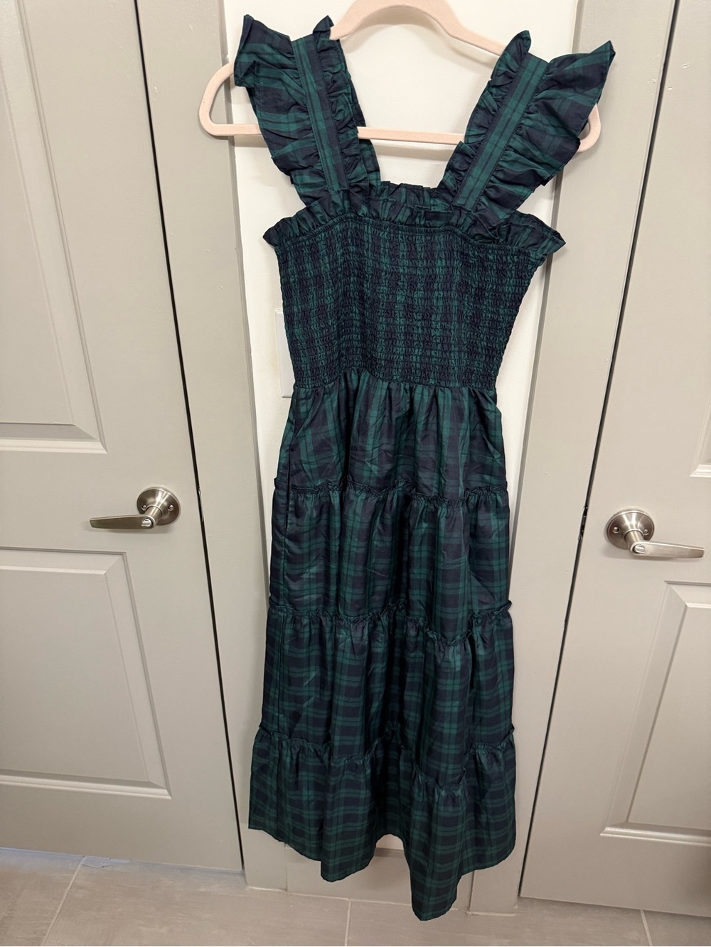 Green Plaid Ruffle-Strap Midi Dress